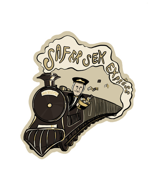 Illustration of male conductor leaning out of a train, smoke reads "Safer Sex Express"